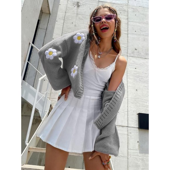 Womens Long Sleeve Open Front Flower Knit Cardigan Aesthetic Shrug Outfits - Picture 2 of 6